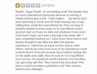 Illustration for article titled 'Fresh Vomit on the Seats': Very Grim Yelp Reviews of Movie Theaters